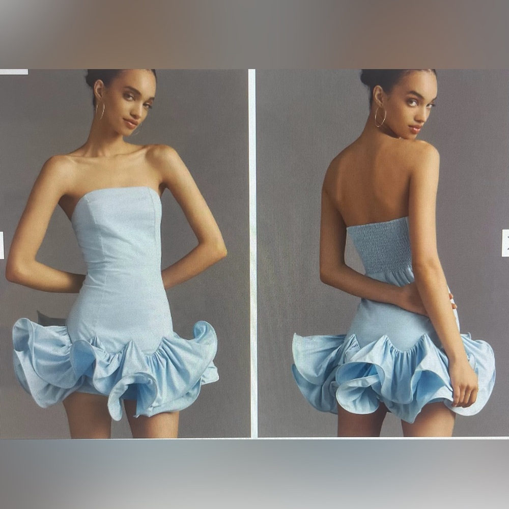 ANTHROPOLOGIE MAEVE STRAPLESS RUFFLE MINI DRESS COLOR SKYRIDE SIZE L NWT